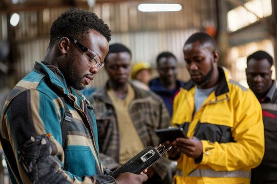 Mechanic Demonstrating Diagnostic Tools to Trainees in Workshop Setting for Automotive Training