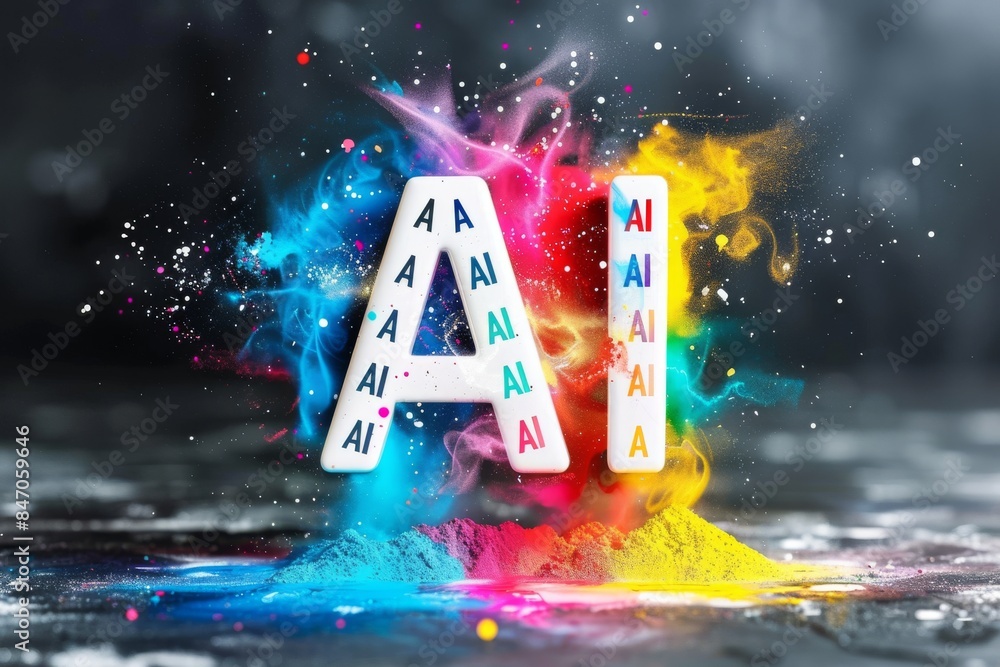 Aufkleber colorful ai blocks on a reflective surface, illustrating the dynamic nature of artificial intelligen