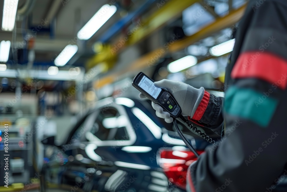Poster mechanic diagnosing vehicle issues with handheld scanner in a modern garage setting