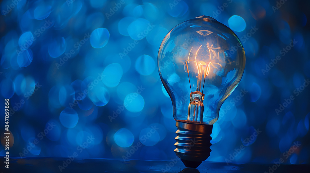 Poster single light bulb shining on blue background with copy space