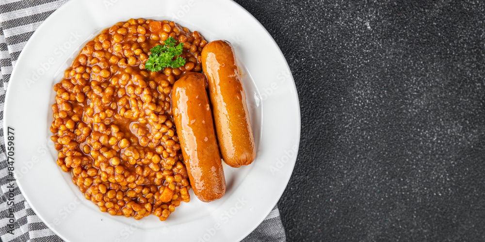 Wall mural lentils with sausage second course natural fresh meal food snack on the table copy space food background rustic top view - Wall murals