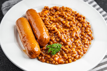 lentils with sausage second course natural fresh meal food snack on the table copy space food...