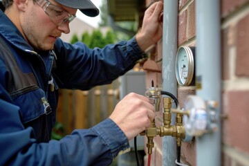 Plumber Checking Residential Water Pressure with Diagnostic Tools for Home Maintenance