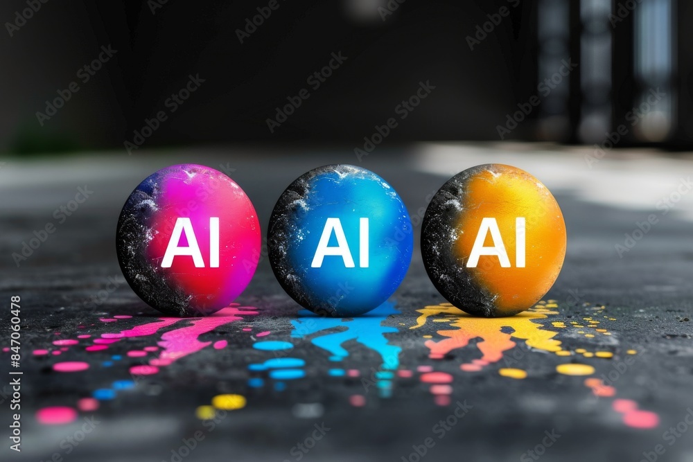 Poster colorful ai balls on a reflective surface, symbolizing the playful and dynamic nature of artificial 