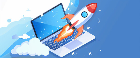 Rocket, Laptop, Launch, Growth, SEO, Reach, Visits, Success, Minimalistic, Web Art, Design, Vector, Illustration, Digital, Technology, Innovation, Business, Startup, Concept, Symbolism, Achievement
