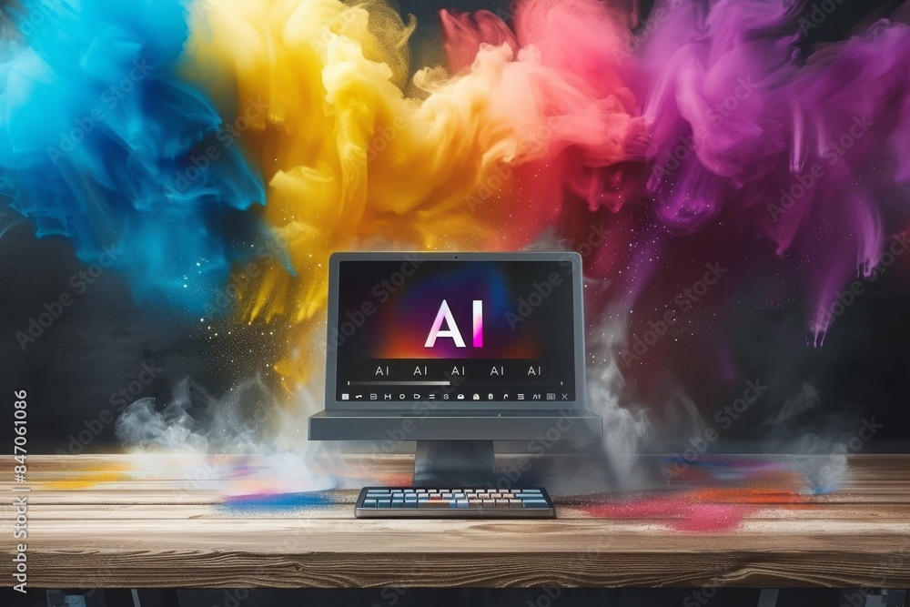 Poster vibrant ai graphics on a laptop screen, representing the dynamic nature of artificial intelligence i