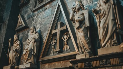 a group of statues of people on a building wall