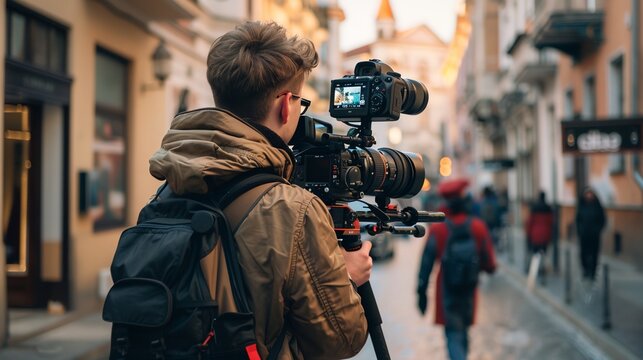 a man with a camera on a city street with people walking by in the background