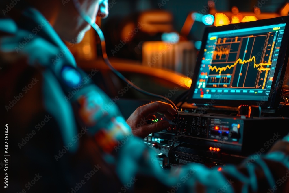 Poster mechanic analyzing car ignition system with digital oscilloscope for detailed waveform analysis