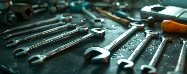 Fototapeta premium Wrenchs and hard tools on table for mechanic working in garage, car service banner. Generative AI.