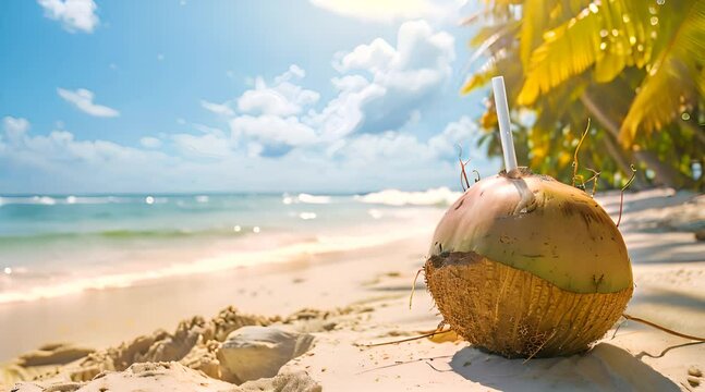 A fresh coconut drink with a straw sits on a sandy tropical beach, surrounded by palm trees and the ocean under a bright