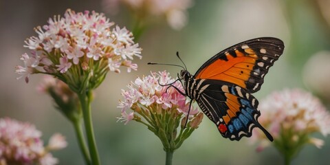 A striking image of a butterfly with orange and black wings perched on delicate pink flowers against a soft-focused background