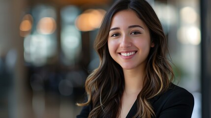 Obraz premium a woman with long hair smiling at the camera with a blurry background