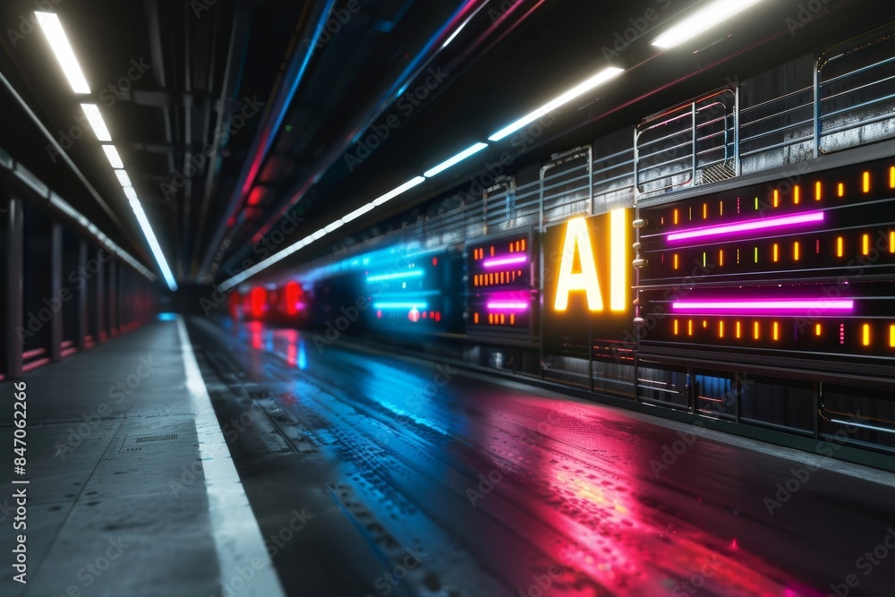 Poster ai neon signs in a futuristic tunnel, representing the integration of artificial intelligence in urb