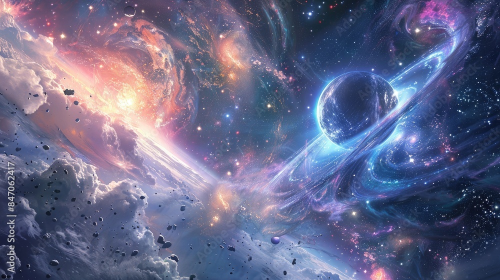 Poster a scene in space that is abstract and surreal