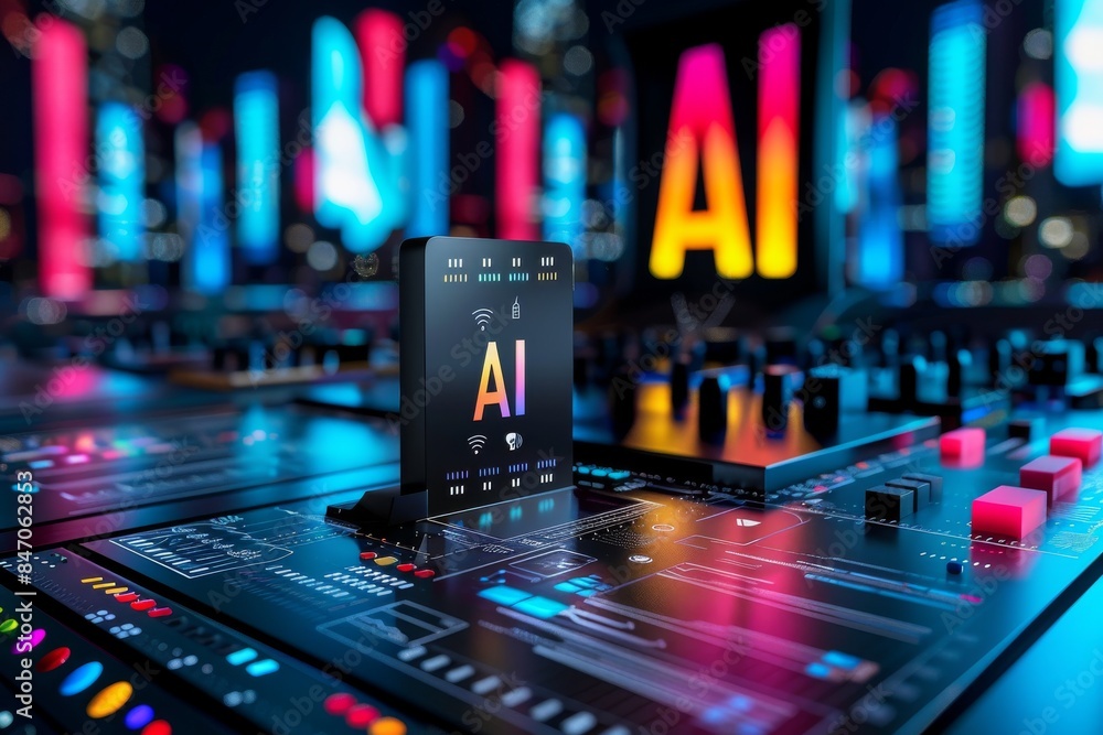 Poster ai logo on a circuit board, representing the integration of artificial intelligence in modern electr