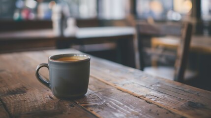 a cup of coffee sitting on top of a wooden table