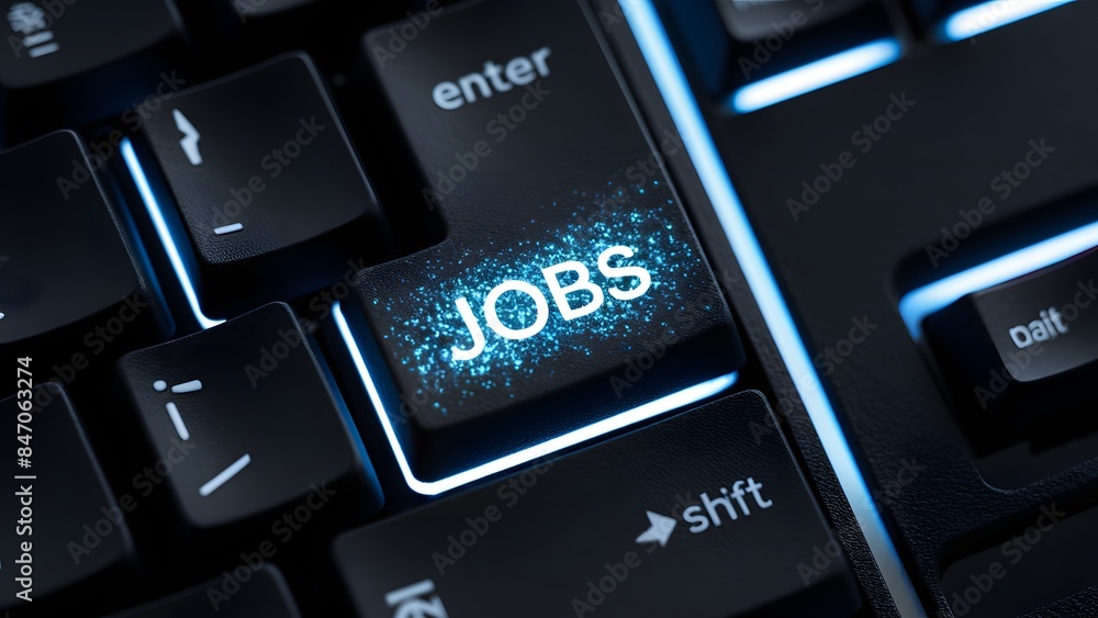 Poster a close-up view of a computer keyboard. the central focus is on a key labeled 'jobs' with a blue glo