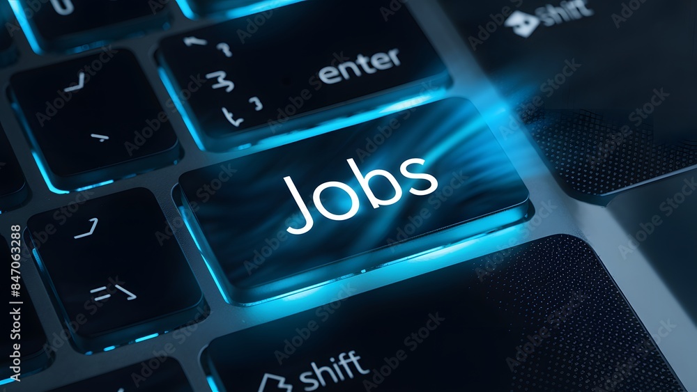 Poster a close-up view of a computer keyboard. the central focus is on a key labeled 'jobs' with a blue glo