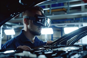 Service Technician Using Augmented Reality Glasses for Electric Car Maintenance in High-Tech Workshop