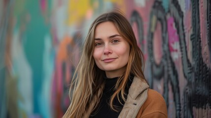 Naklejka premium a woman standing in front of a wall with graffiti on it and smiling at the camera with a smile on her face