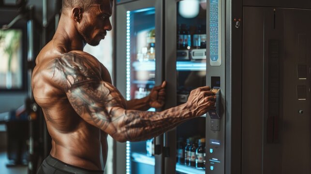 A muscular man uses a vending machine in a gym to buy something.