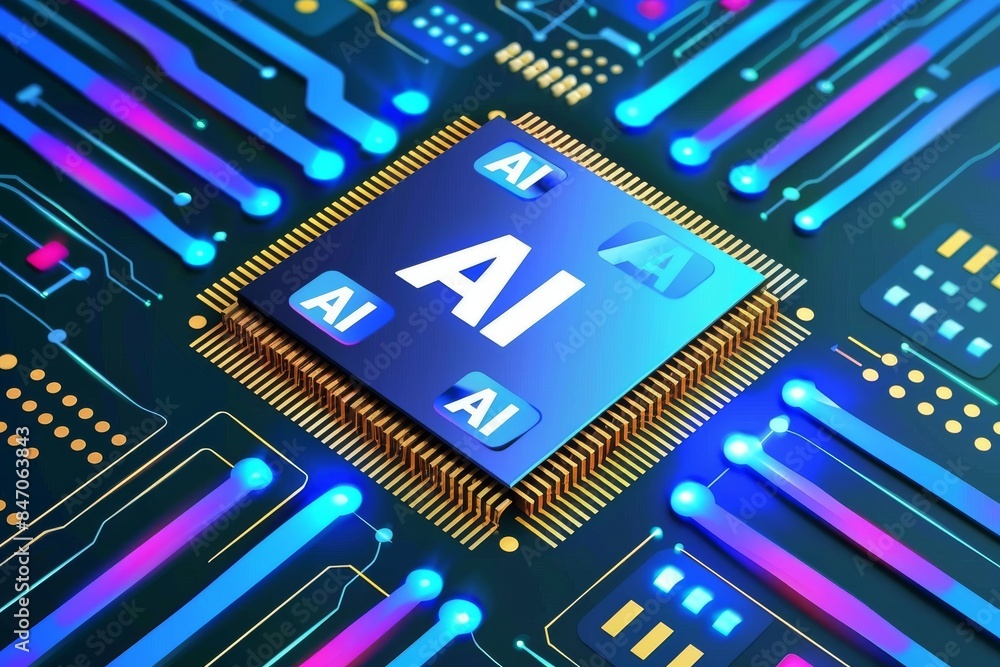 Poster glowing ai microchip, representing the sophisticated technology of artificial intelligence systems