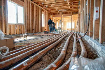 Plumbers Working on Water Pipe Installation Site in New Construction Home for Efficient Plumbing System