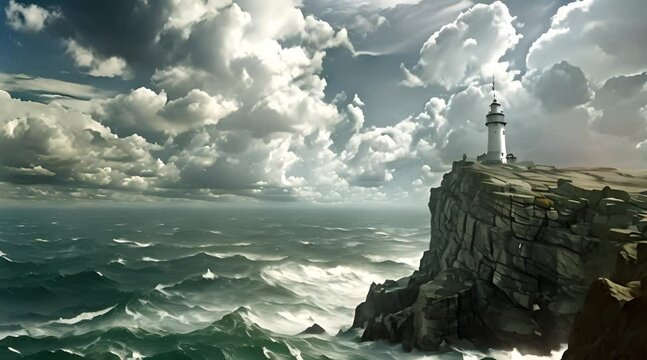 A lighthouse stands on a cliff above the ocean on a cloudy day, with water below, cumulus clouds in the sky, and wind waves
