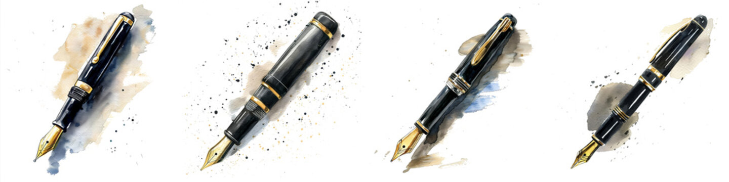 Elegant fountain pens with gold trim on watercolor splotches, symbolizing creative writing, back-to-school preparations, and personal correspondence during autumn