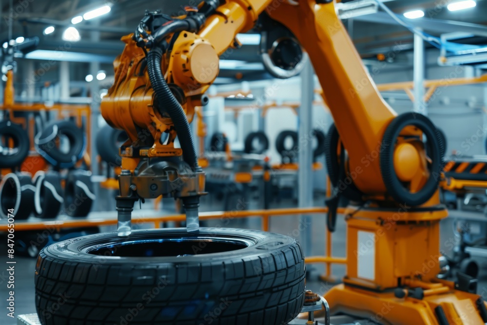 Poster advanced tire changing robot in action - modern auto shop technology for efficient tire service