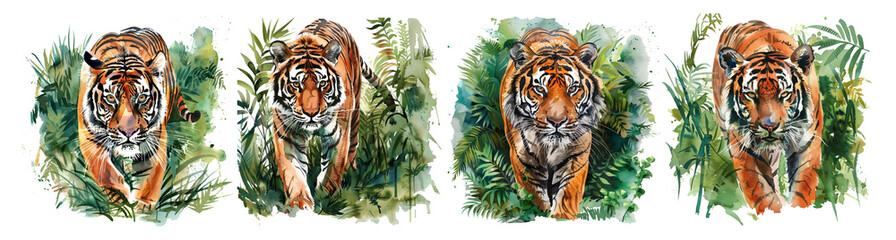 Set of four watercolor tigers in lush greenery, symbolizing wildlife conservation and the vibrant beauty of summer and autumn seasons, isolated on white background