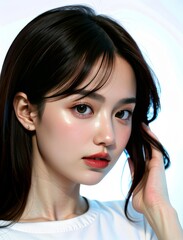 Fototapeta premium High-quality crop photo of skincare and cosmetics concept with copy space for text. Woman with beautiful face touching healthy facial skin portrait. Beautiful happy Asian girl model with natural 