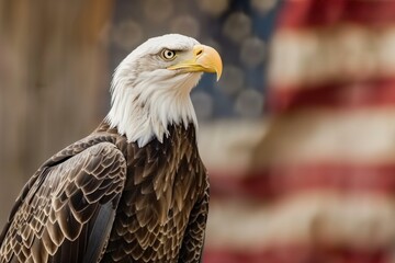 Obraz premium Bald eagle is posing proudly with an american flag in the background