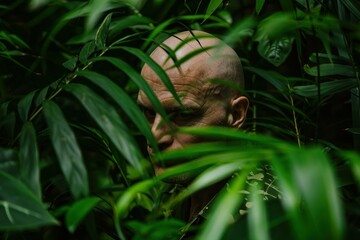 Fototapeta premium Serious military man is taking cover, blending in with his green surroundings