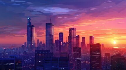 Obraz premium Futuristic Cityscape at Dusk with Vibrant Skyline and Skyscrapers - Digital artwork of a modern city skyline bathed in sunset hues