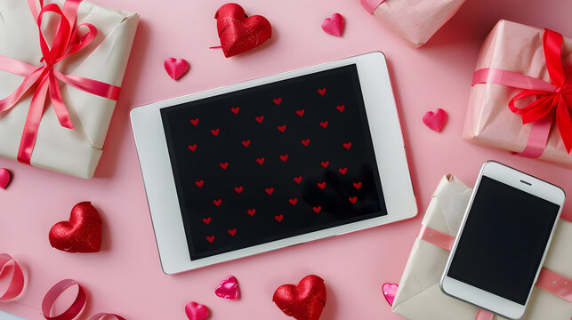 digital tablet for choosing gifts, making purchases, envelopes, red hearts on pink table Top view Flat lay Holiday shopping list, Happy Valentine's Day, party, online shop concept Mockup design - Powered by Adobe