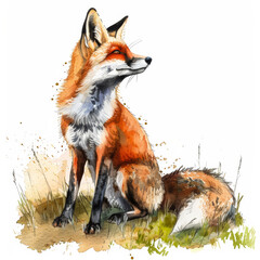 Obraz premium Charming Red Fox with Bushy Tail on Grassy Hillside Ink Watercolor Illustration