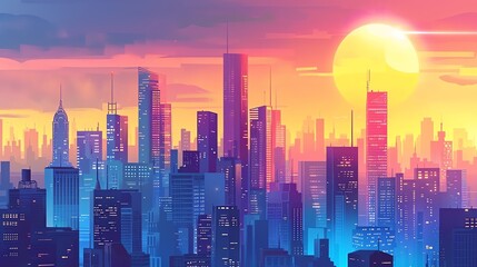 Futuristic Cityscape at Dusk with Vibrant Skyline and Skyscrapers - Digital artwork of a modern city skyline bathed in sunset hues