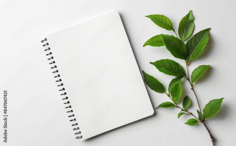 Poster top view of a blank white spiral notebook with green leaves on a plain background