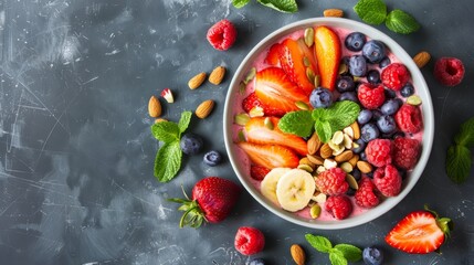 Dukan Diet Smoothie Bowl with Fresh Fruits and Nuts on a Textured Background - Ideal for Health Promotions