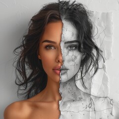 A woman's face is split into two halves, with one half being drawn in black
