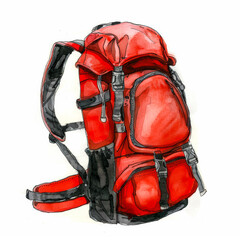 Vibrant Red Backpack with Ergonomic Straps   Hand Painted Watercolor Illustration on White