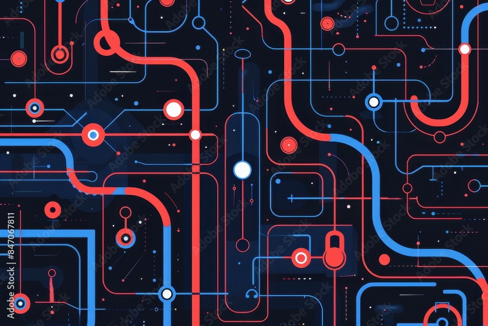 Leinwandbilder abstract futuristic circuit board pattern with red and blue neon lines on dark background, symbolizi