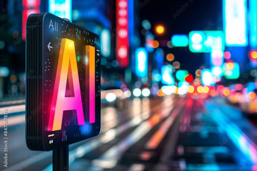 Poster ai graphics in a futuristic city, illustrating the dynamic impact of artificial intelligence in urba
