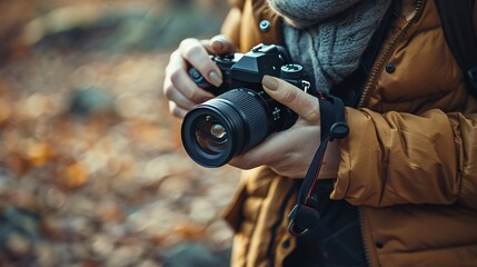 Close-up of person holding a camera in an outdoor autumn setting, capturing the beauty of nature. Perfect for photography and nature themes.