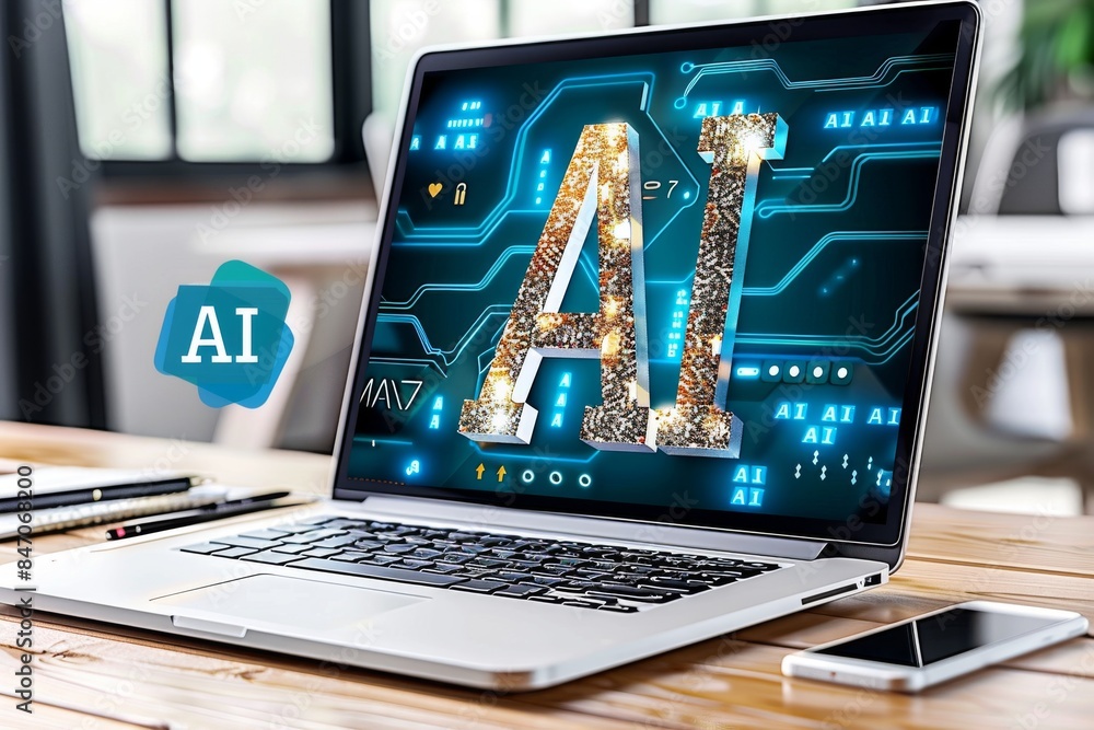 Poster ai logo on a laptop screen, representing the integration of artificial intelligence in modern comput