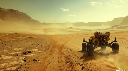 A futuristic vehicle traverses a desolate, dusty desert landscape.