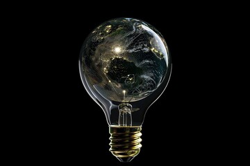 Conceptual image of a lightbulb with Earth inside, symbolizing global ideas, innovation, and sustainability on a black background.