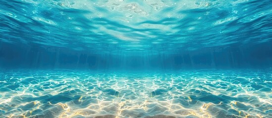 Blue Ocean Water Wave: A Wide Underwater Scenic View of Sandy Sea Bottom with Isolated Swimming Pool